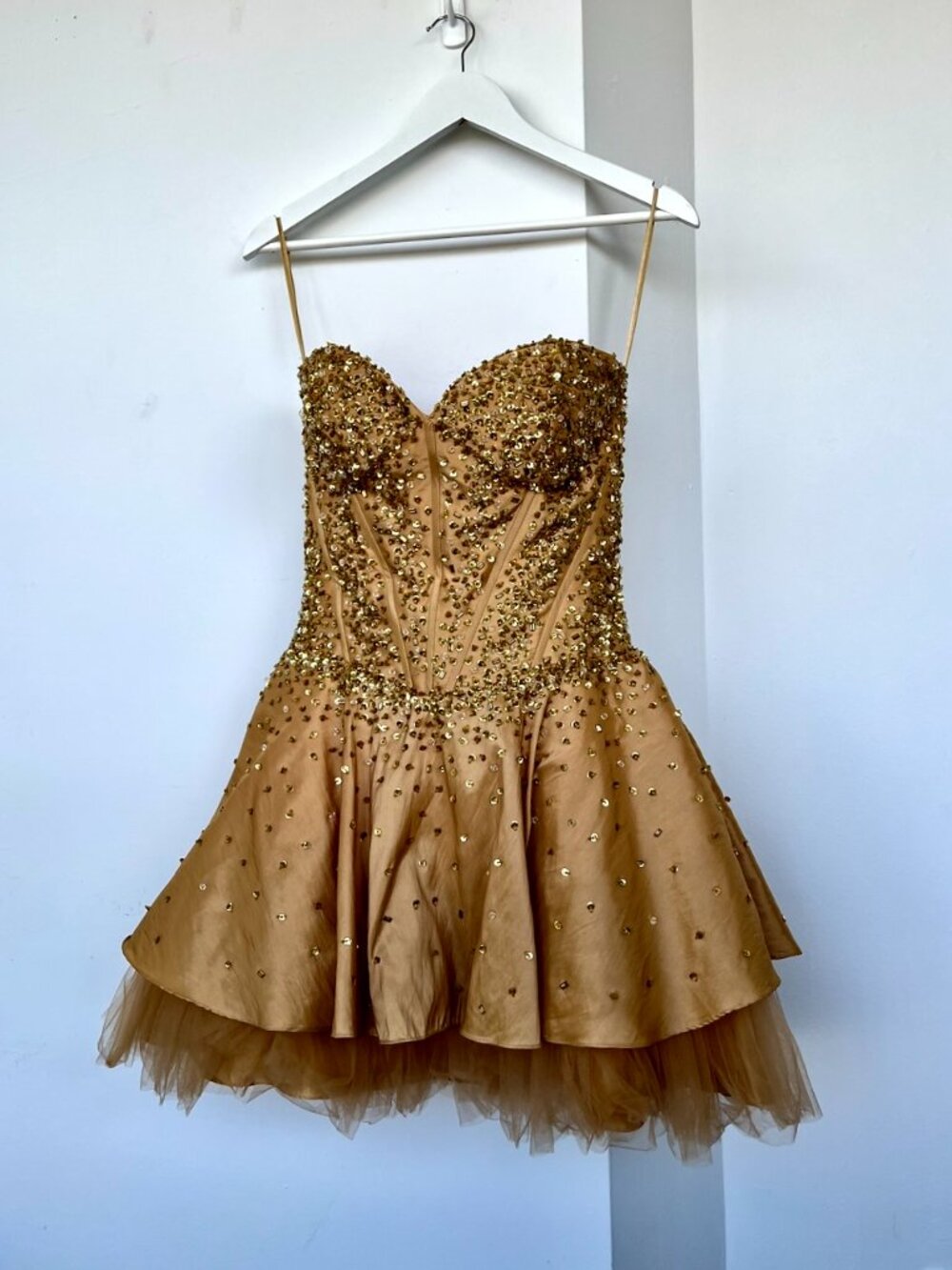 Strapless Gold Beaded Corset Mini Dress Size 4 Tulle Fairy Prom Burning Man
